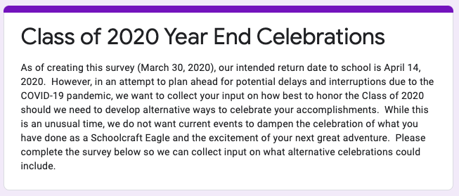 Class of 2020 Message and Survey - March 30, 2020